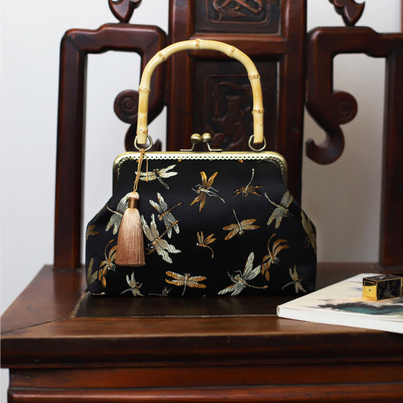Buddha Stones Dragonfly Crane Bamboo Leaves Plum Blossom Bamboo Handles Handbag - image 7