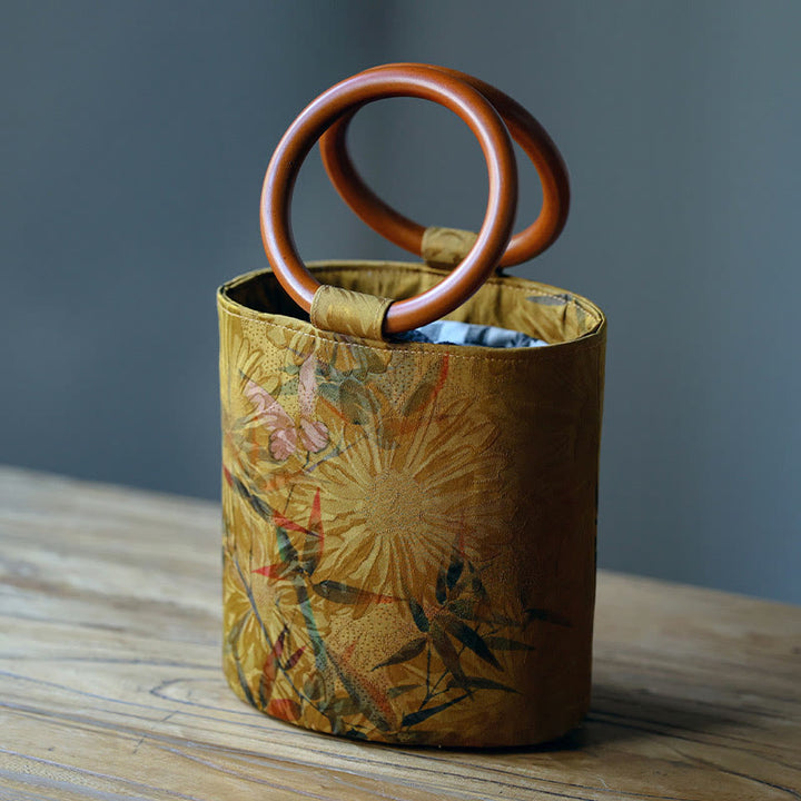 Buddha Stones Bamboo Leaf Butterfly Cherry Blossom Persimmon Wood Handle Handbag - Bamboo Leaf Butterfly 16*17*12cm - image 0