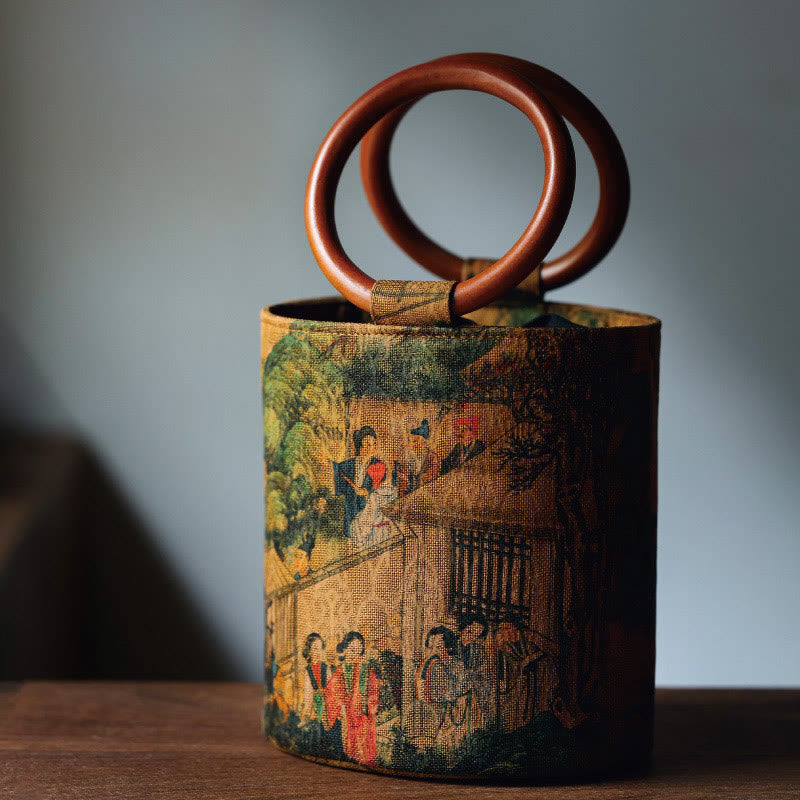 Buddha Stones Bamboo Leaf Butterfly Cherry Blossom Persimmon Wood Handle Handbag - Garden Party 16*17*12cm - image 14