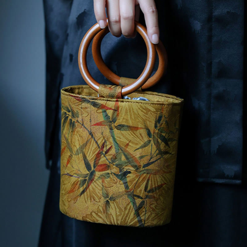 Buddha Stones Bamboo Leaf Butterfly Cherry Blossom Persimmon Wood Handle Handbag - image 4