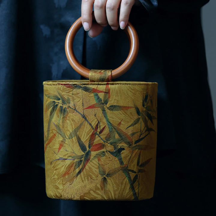 Buddha Stones Bamboo Leaf Butterfly Cherry Blossom Persimmon Wood Handle Handbag - image 6