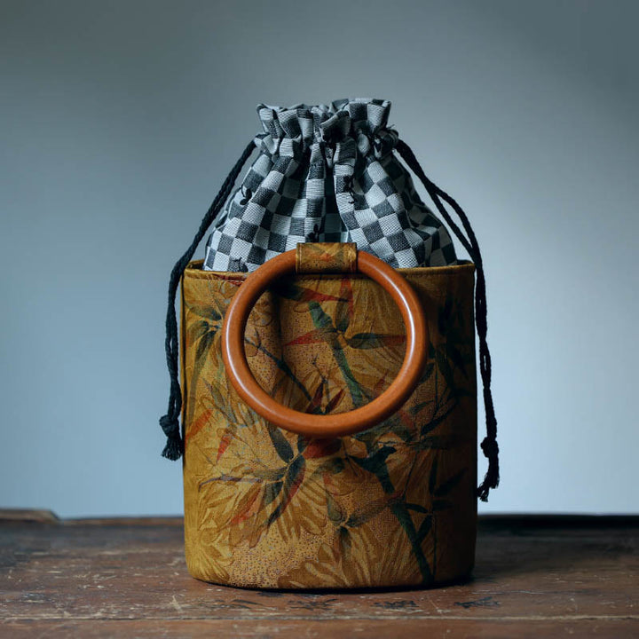 Buddha Stones Bamboo Leaf Butterfly Cherry Blossom Persimmon Wood Handle Handbag - image 8