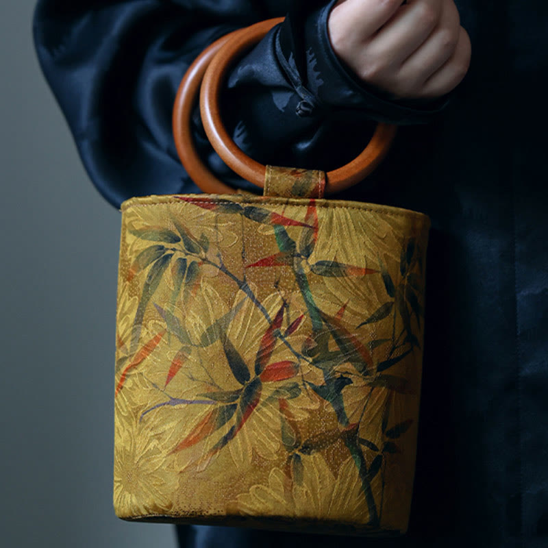 Buddha Stones Bamboo Leaf Butterfly Cherry Blossom Persimmon Wood Handle Handbag - image 7