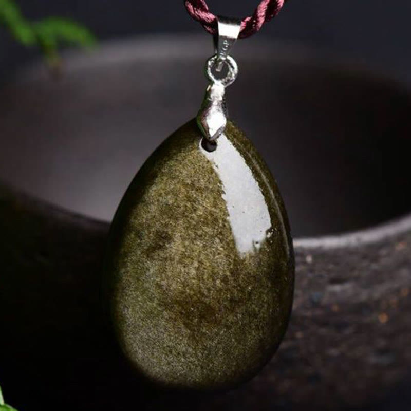 Buddha Stones Gold Sheen Obsidian Black Obsidian Rainbow Obsidian Wealth Water Drop Necklace Pendant - image 2