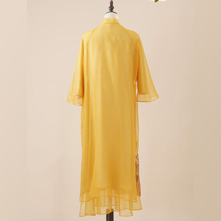 Buddha Stones 100% Mulberry Silk Organza Dress Embroidered Yellow Phoenix Qipao Cheongsam Dress - image 7