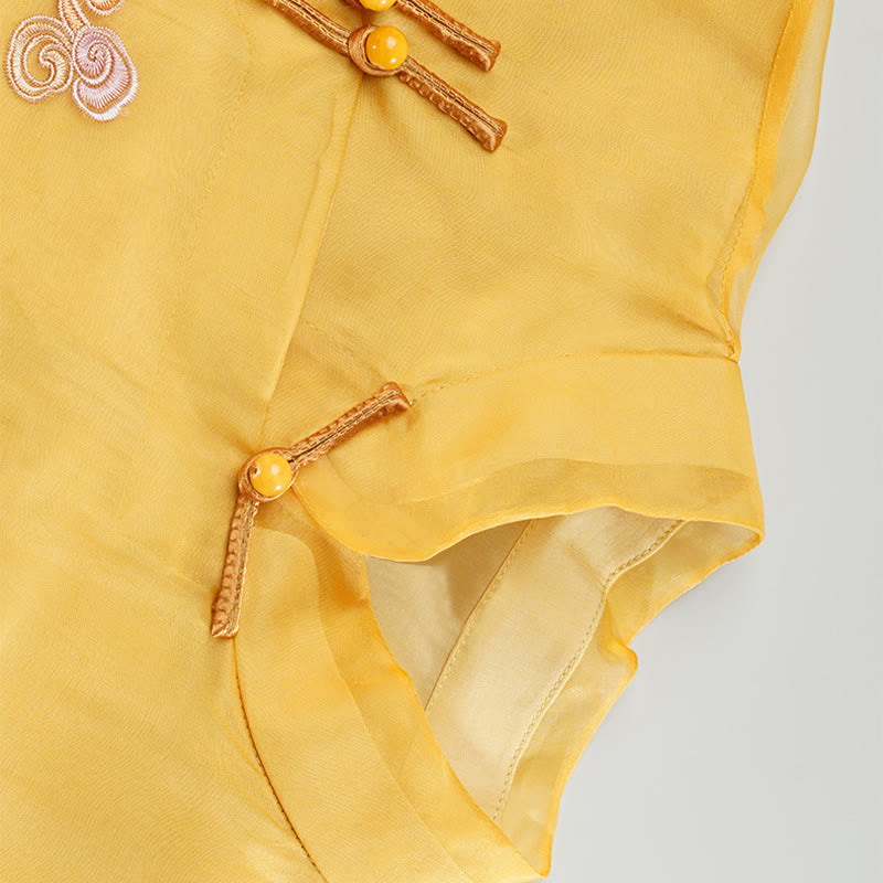 Buddha Stones 100% Mulberry Silk Organza Dress Embroidered Yellow Phoenix Qipao Cheongsam Dress - image 8