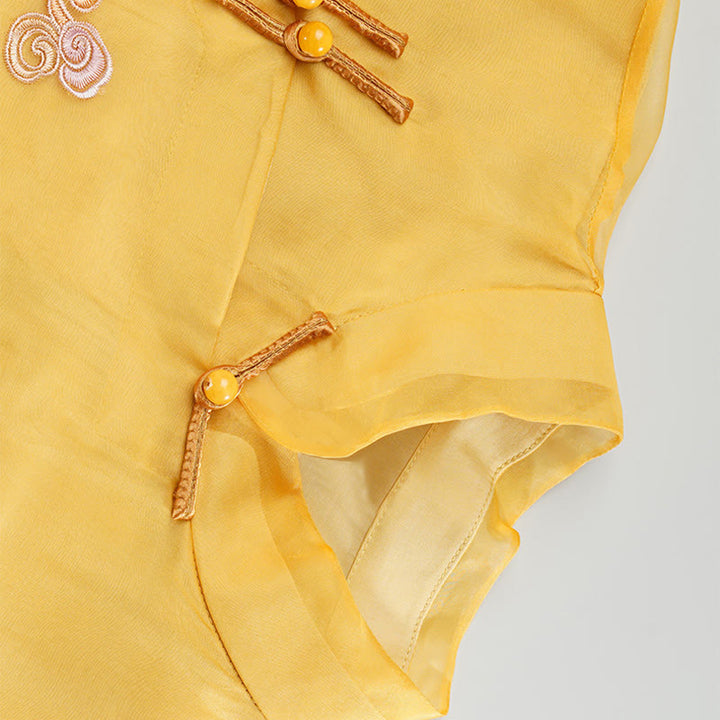 Buddha Stones 100% Mulberry Silk Organza Dress Embroidered Yellow Phoenix Qipao Cheongsam Dress - image 8