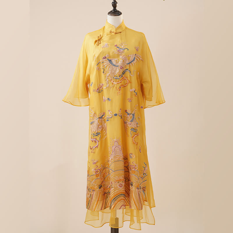 Buddha Stones 100% Mulberry Silk Organza Dress Embroidered Yellow Phoenix Qipao Cheongsam Dress - image 6
