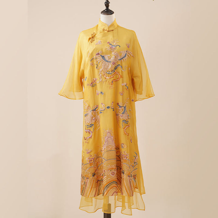 Buddha Stones 100% Mulberry Silk Organza Dress Embroidered Yellow Phoenix Qipao Cheongsam Dress - image 6