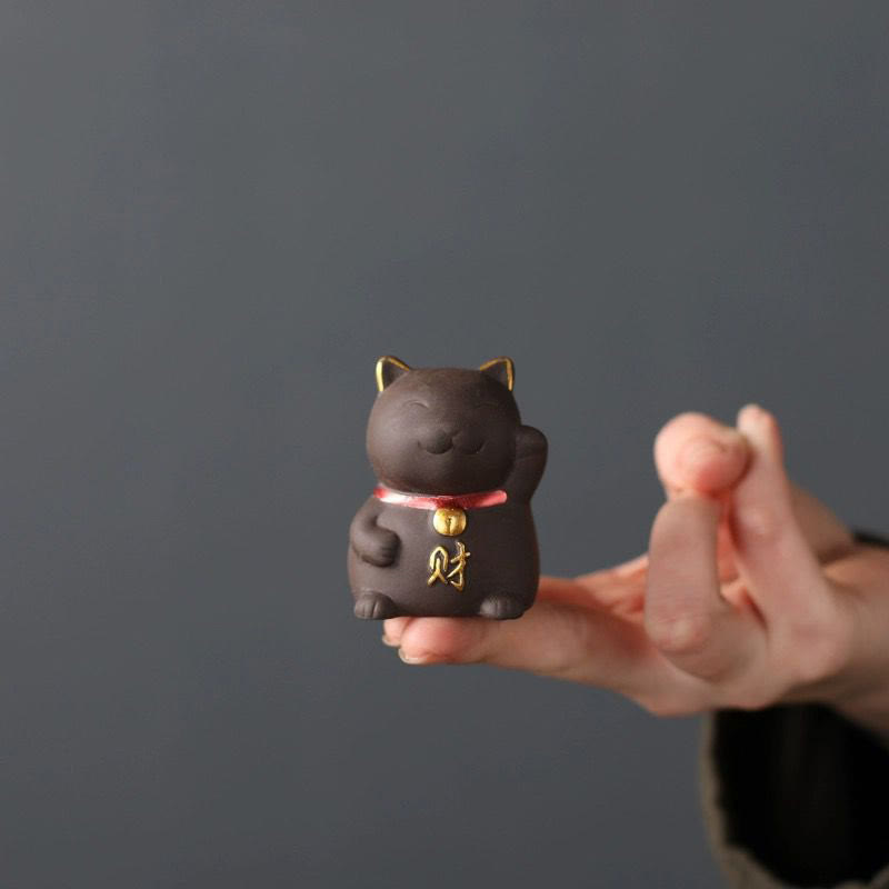 Buddha Stones Mini Lucky Cat Wealth Tea Pet Purple Clay Figurine Decoration - image 5