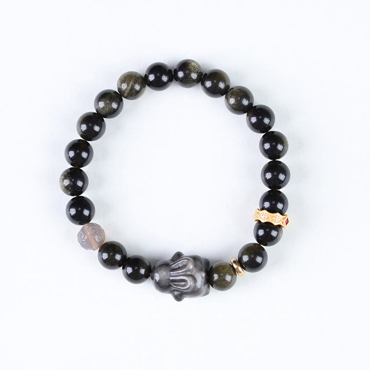 Buddha Stones Gold Sheen Obsidian Black Obsidian Silver Sheen Obsidian Cute Rabbit Protection Bracelet - image 2