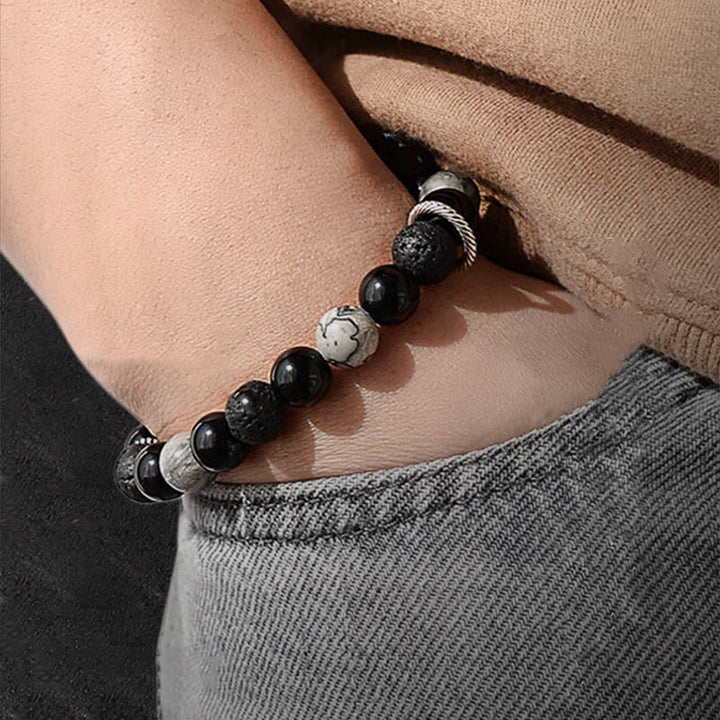 Buddha Stones Vintage Lava Rock Black Obsidian Picasso Jasper Beads Support Rope Bracelet - image 11