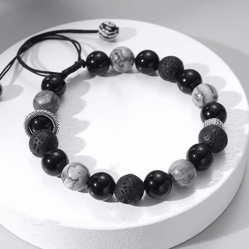 Buddha Stones Vintage Lava Rock Black Obsidian Picasso Jasper Beads Support Rope Bracelet - image 1