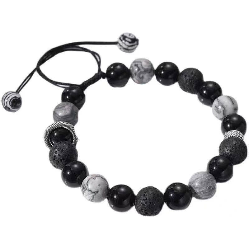 Buddha Stones Vintage Lava Rock Black Obsidian Picasso Jasper Beads Support Rope Bracelet - image 8