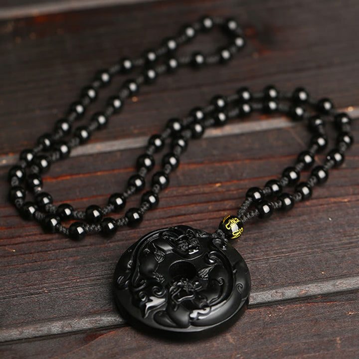 Buddha Stones Natural Black Obsidian Peace Buckle Pixiu Bead Rope Strength Necklace Pendant - image 2