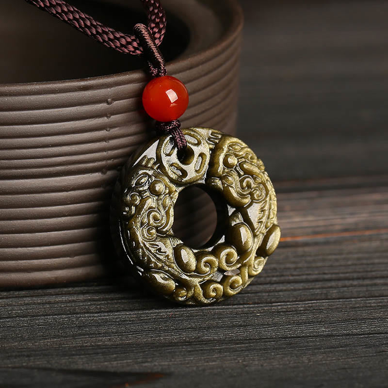 Buddha Stones Gold Sheen Obsidian Peace Buckle Pixiu Copper Coin Wealth Necklace Pendant - image 1
