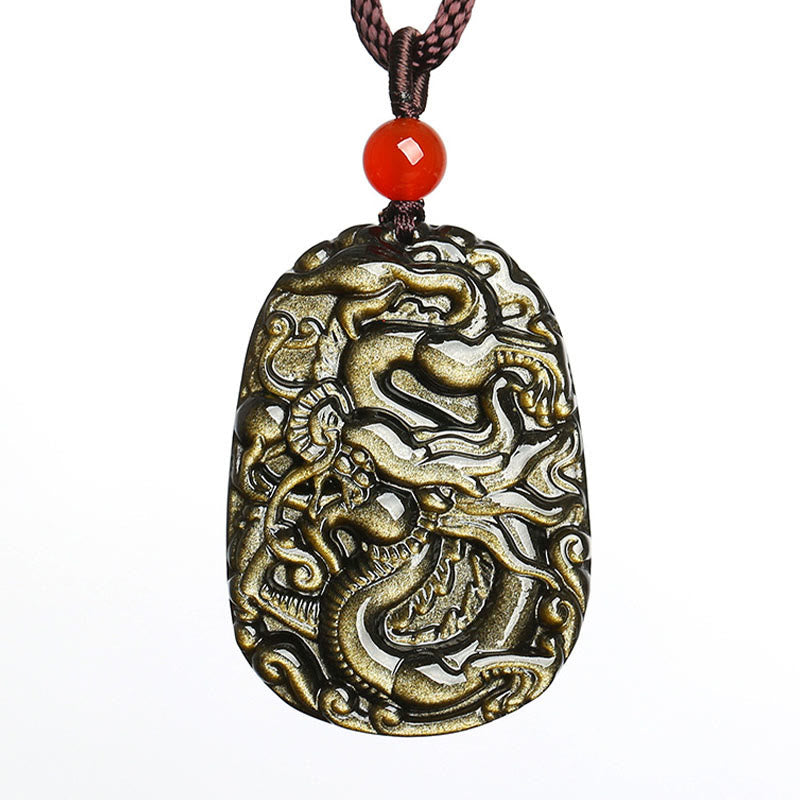 Buddha Stones Gold Sheen Obsidian Dragon Pattern Success Necklace Pendant - image 5