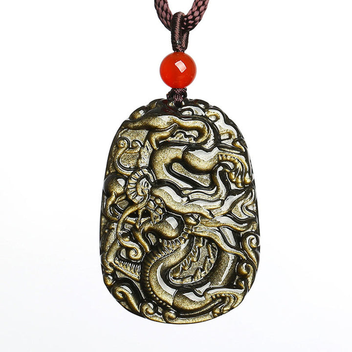 Buddha Stones Gold Sheen Obsidian Dragon Pattern Success Necklace Pendant - image 5