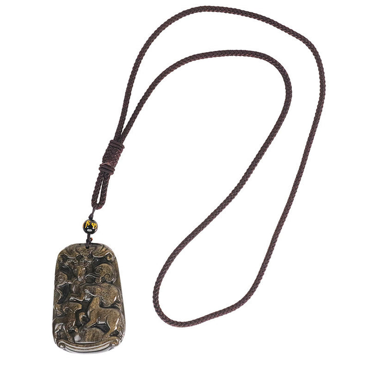Buddha Stones Gold Sheen Obsidian Three Goats Bring Good Luck Pattern Wealth Necklace Pendant - image 4