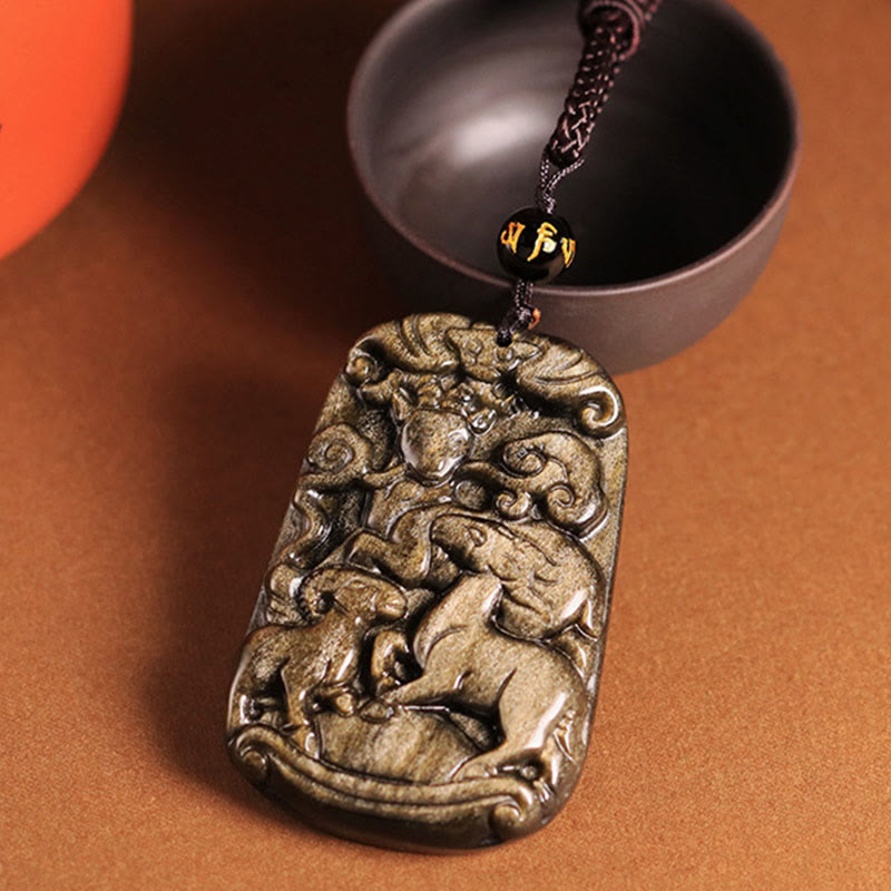 Buddha Stones Gold Sheen Obsidian Three Goats Bring Good Luck Pattern Wealth Necklace Pendant - image 1