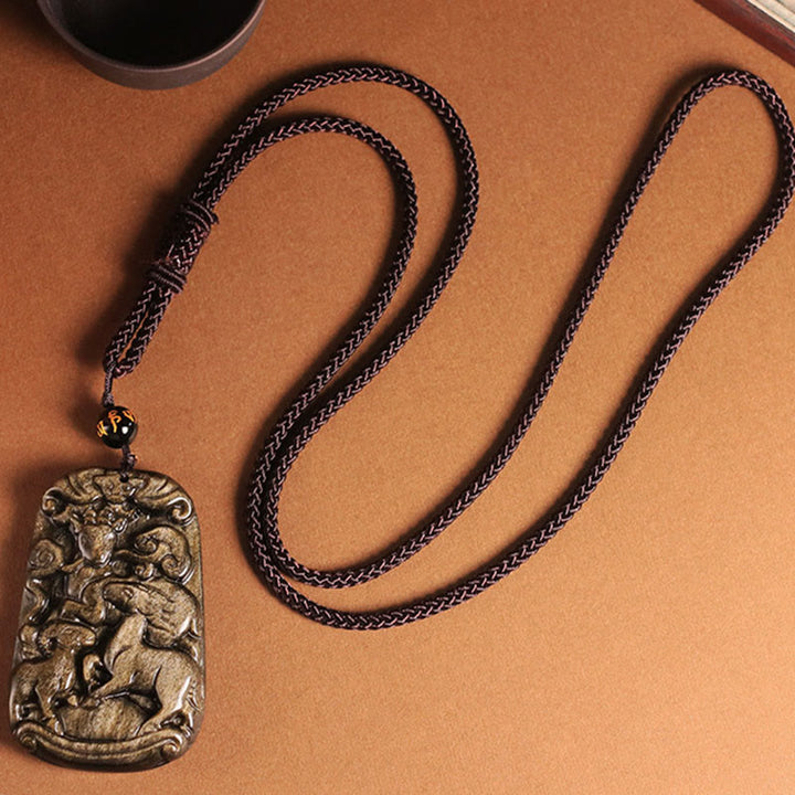 Buddha Stones Gold Sheen Obsidian Three Goats Bring Good Luck Pattern Wealth Necklace Pendant - image 3
