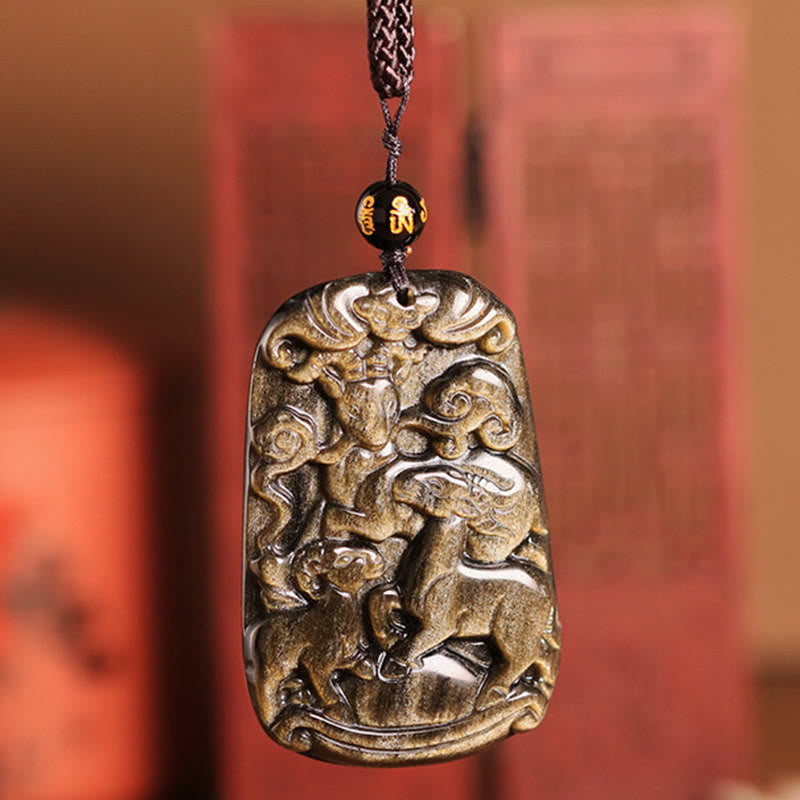 Buddha Stones Gold Sheen Obsidian Three Goats Bring Good Luck Pattern Wealth Necklace Pendant - Gold Sheen Obsidian - image 0