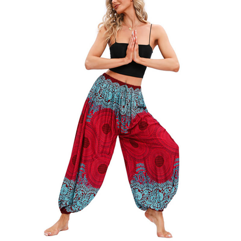 Buddha Stones Loose Circle-shaped Flowers Pattern Harem Trousers Women's Yoga Pants - Red(Fit for US4-8/10; UK/AU8-12/14; EU36-40/42) - image 1