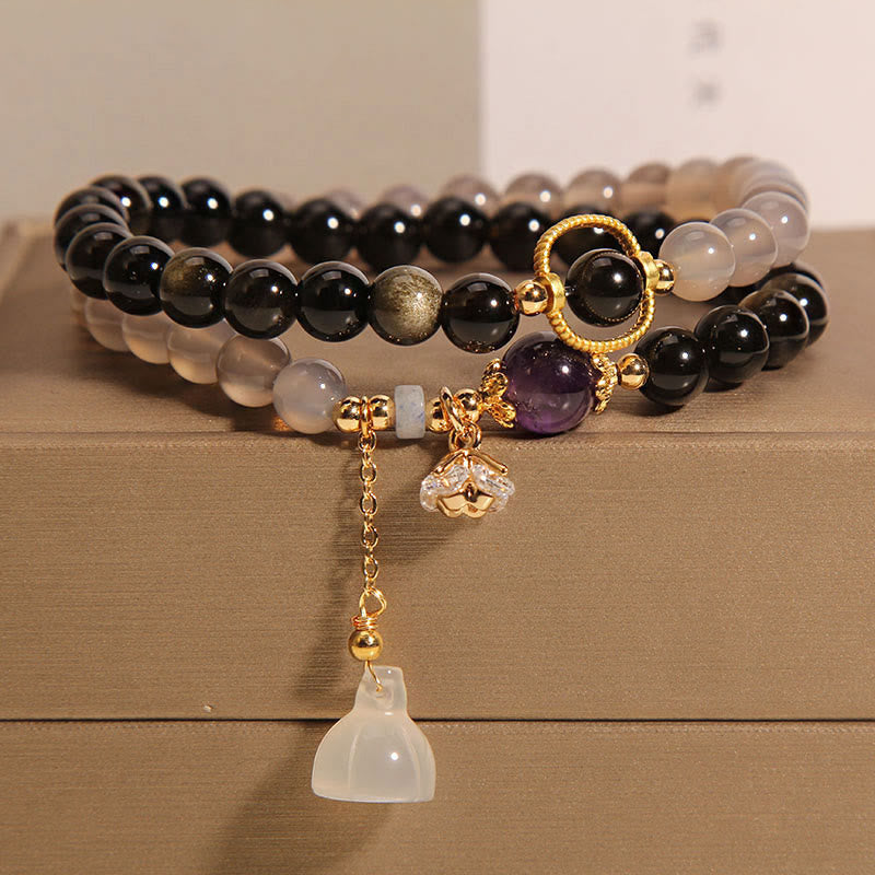 Buddha Stones Gold Sheen Obsidian Gray Agate Lotus Charm Strengthen Double Wrap Bracelet - Gold Sheen Obsidian Gray Agate(Wrist Circumference 14-15cm) - image 0