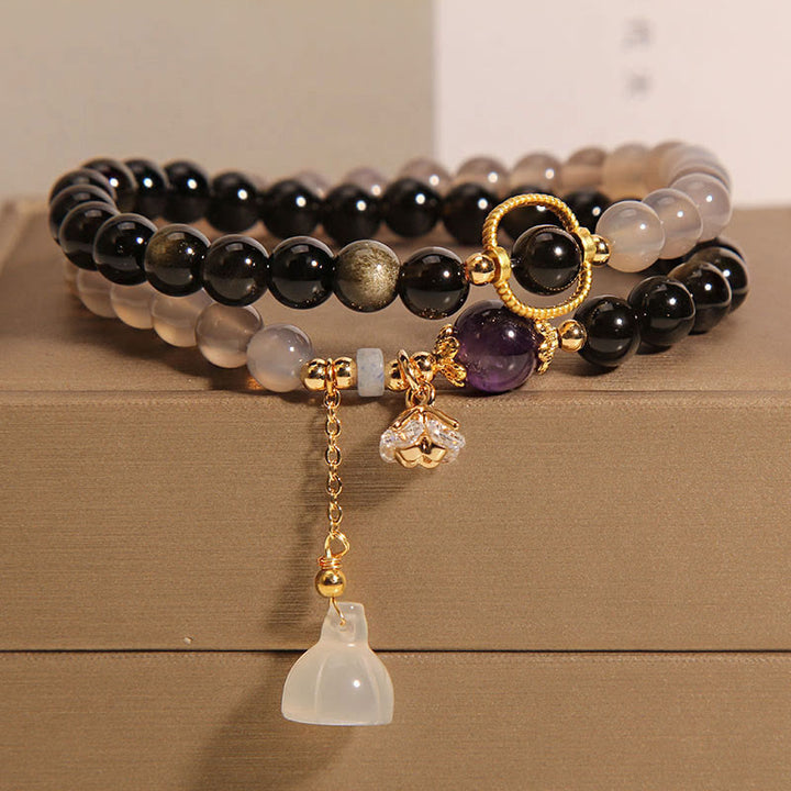 Buddha Stones Gold Sheen Obsidian Gray Agate Lotus Charm Strengthen Double Wrap Bracelet - Gold Sheen Obsidian Gray Agate(Wrist Circumference 14-15cm) - image 0