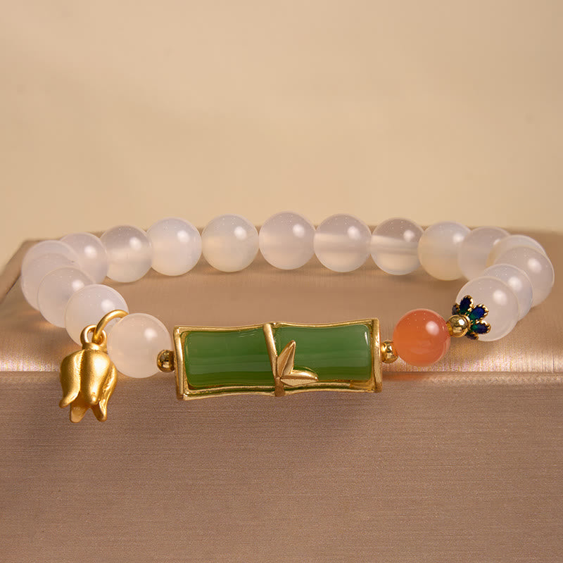 Buddha Stones Natural White Agate Jadeite Bamboo Beads Positivity Bracelet - image 1