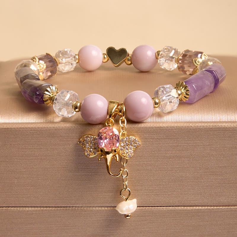 Buddha Stones Amethyst Green Aventurine Strawberry Quartz Positive Elephant Charm Bracelet - Amethyst(Wrist Circumference 14-16cm) - image 0