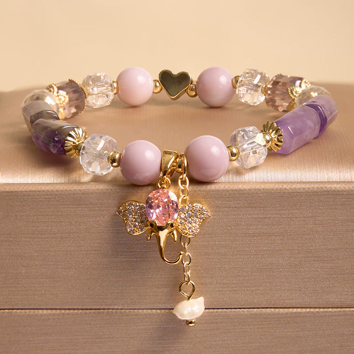 Buddha Stones Amethyst Green Aventurine Strawberry Quartz Positive Elephant Charm Bracelet - Amethyst(Wrist Circumference 14-16cm) - image 0