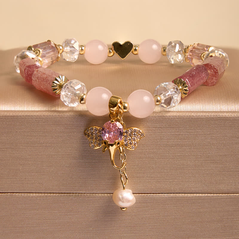 Buddha Stones Amethyst Green Aventurine Strawberry Quartz Positive Elephant Charm Bracelet - Strawberry Quartz(Wrist Circumference 14-16cm) - image 7