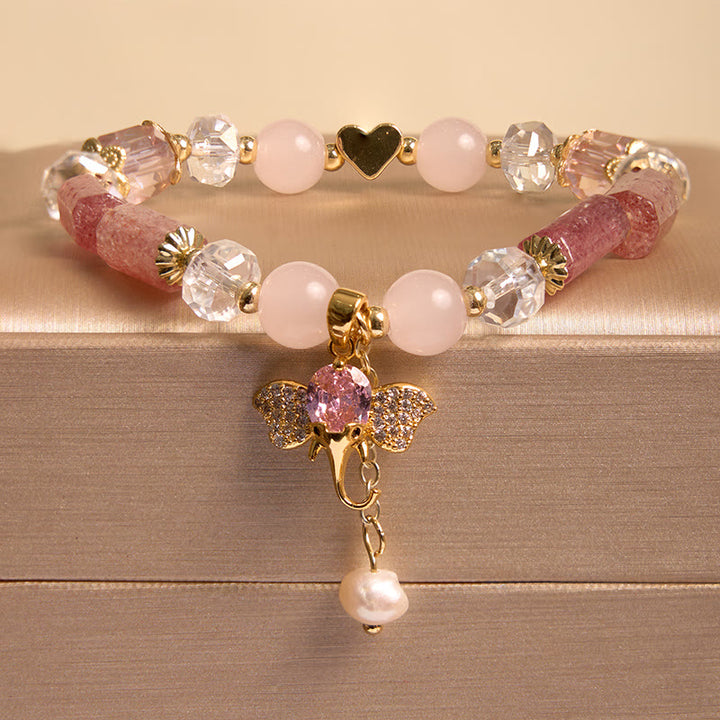 Buddha Stones Amethyst Green Aventurine Strawberry Quartz Positive Elephant Charm Bracelet - Strawberry Quartz(Wrist Circumference 14-16cm) - image 7