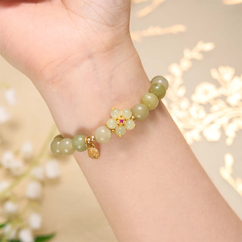 Buddha Stones Green Jade Flower Fu Character Charm Luck Bracelet - image 7