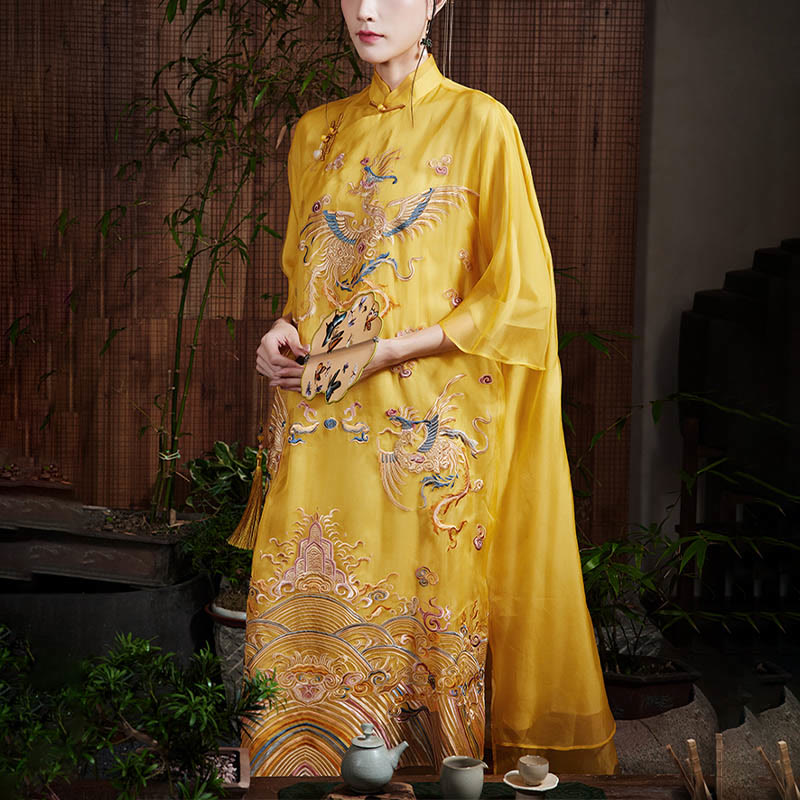 Buddha Stones 100% Mulberry Silk Organza Dress Embroidered Yellow Phoenix Qipao Cheongsam Dress - US12，UK/AU16，EU44 (XL) - image 0