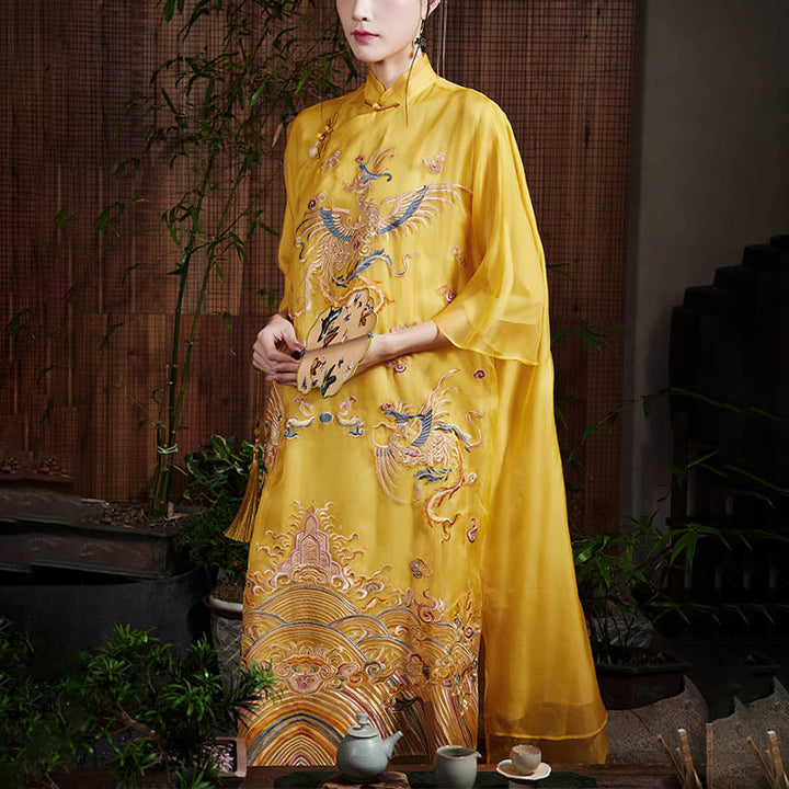 Buddha Stones 100% Mulberry Silk Organza Dress Embroidered Yellow Phoenix Qipao Cheongsam Dress - US12，UK/AU16，EU44 (XL) - image 0