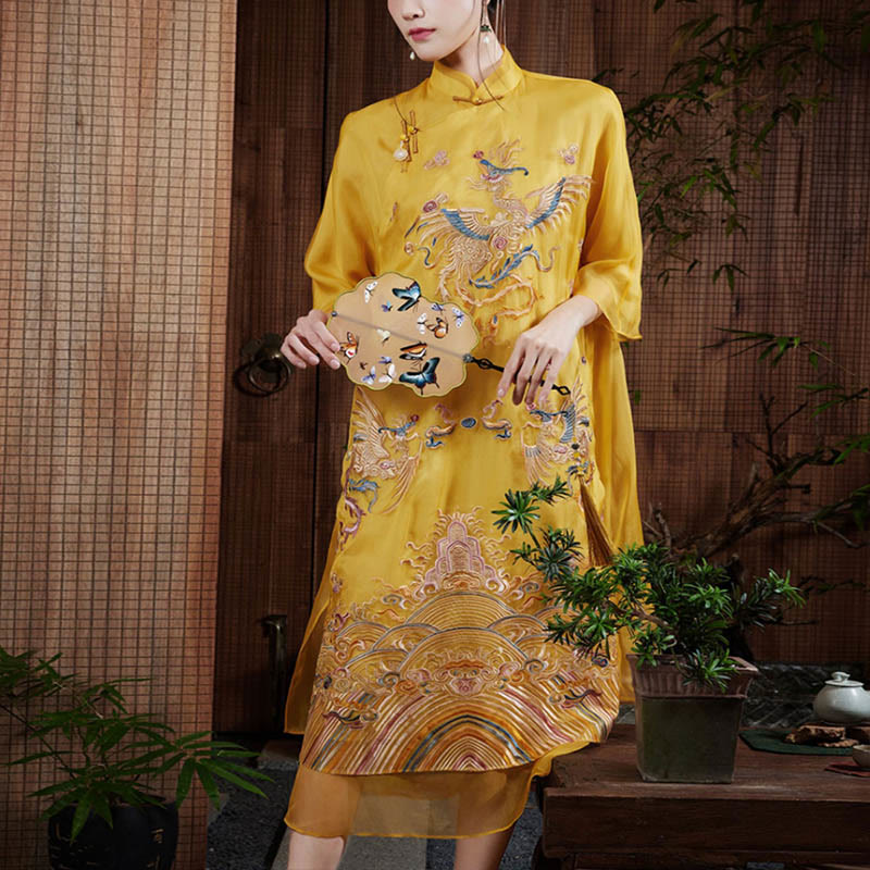 Buddha Stones 100% Mulberry Silk Organza Dress Embroidered Yellow Phoenix Qipao Cheongsam Dress - image 1