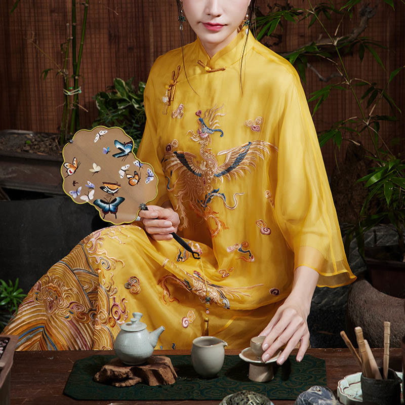 Buddha Stones 100% Mulberry Silk Organza Dress Embroidered Yellow Phoenix Qipao Cheongsam Dress - image 3