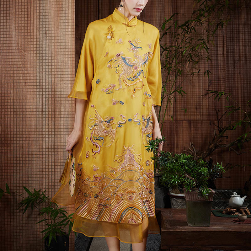 Buddha Stones 100% Mulberry Silk Organza Dress Embroidered Yellow Phoenix Qipao Cheongsam Dress - image 4