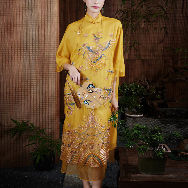 Buddha Stones 100% Mulberry Silk Organza Dress Embroidered Yellow Phoenix Qipao Cheongsam Dress - image 2