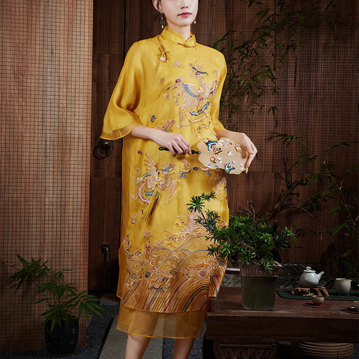 Buddha Stones 100% Mulberry Silk Organza Dress Embroidered Yellow Phoenix Qipao Cheongsam Dress - image 5