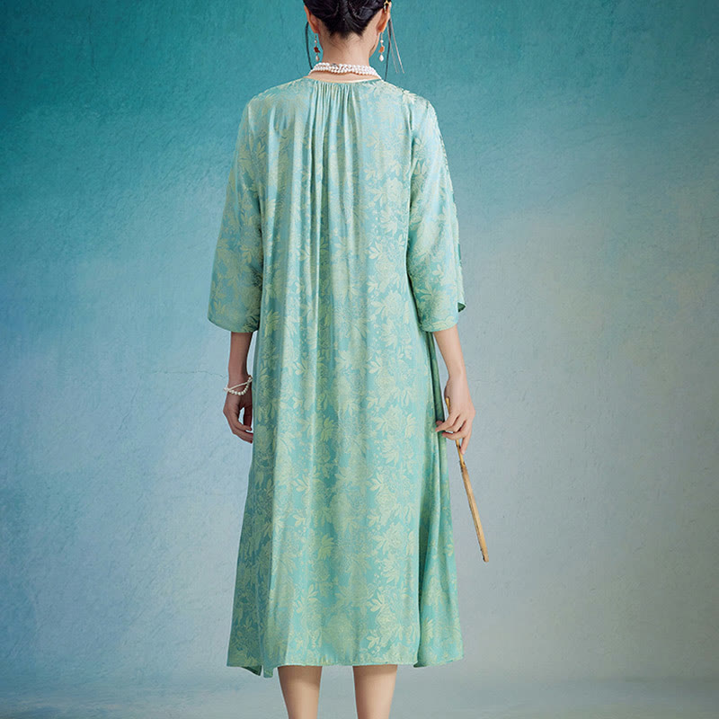 Buddha Stones Small Flower Leaf Jacquard Chinese Cheongsam Qipao Midi Dress With Pockets - image 2