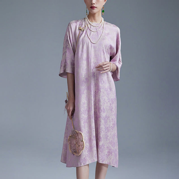 Buddha Stones Small Flower Leaf Jacquard Chinese Cheongsam Qipao Midi Dress With Pockets - Purple - US12，UK/AU16，EU44 (XL) - image 6
