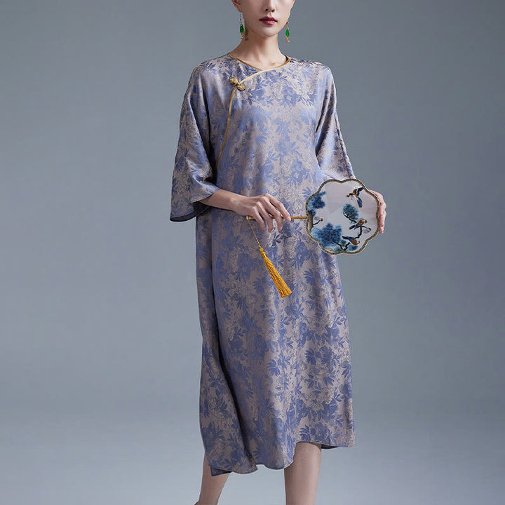 Buddha Stones Small Flower Leaf Jacquard Chinese Cheongsam Qipao Midi Dress With Pockets - Dark Purple - US12，UK/AU16，EU44 (XL) - image 10