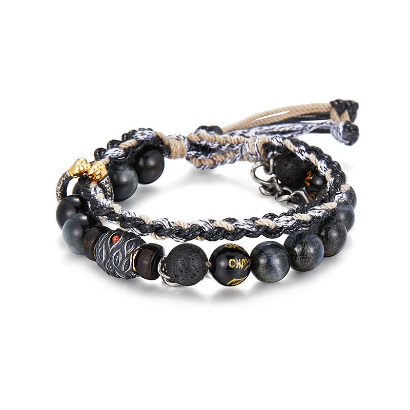 Buddha Stones 925 Sterling Silver Lava Rock Eagle's Eye Stone Lucky Beads Handmade Healing Bracelet - image 2