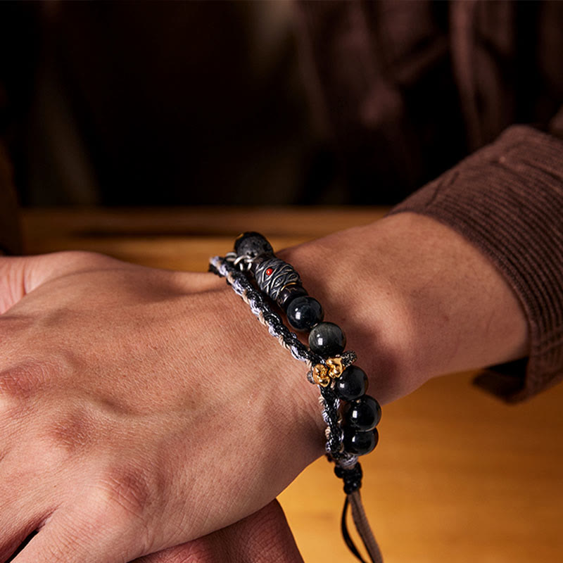 Buddha Stones 925 Sterling Silver Lava Rock Eagle's Eye Stone Lucky Beads Handmade Healing Bracelet - image 11