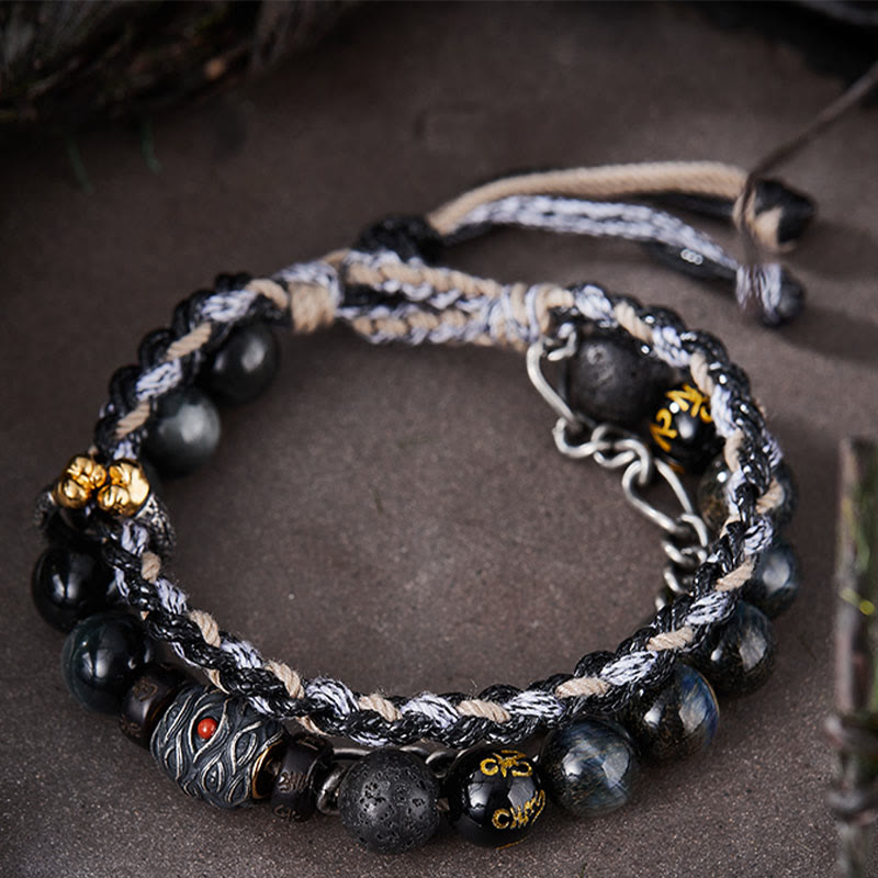 Buddha Stones 925 Sterling Silver Lava Rock Eagle's Eye Stone Lucky Beads Handmade Healing Bracelet - image 1