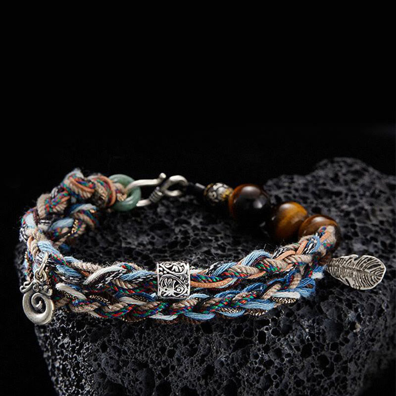 Buddha Stones 925 Sterling Silver Tiger's Eye Colorful Cotton Rope Handmade Willpower Bracelet - 19cm fit for Wrist Circumference 17cm - image 0