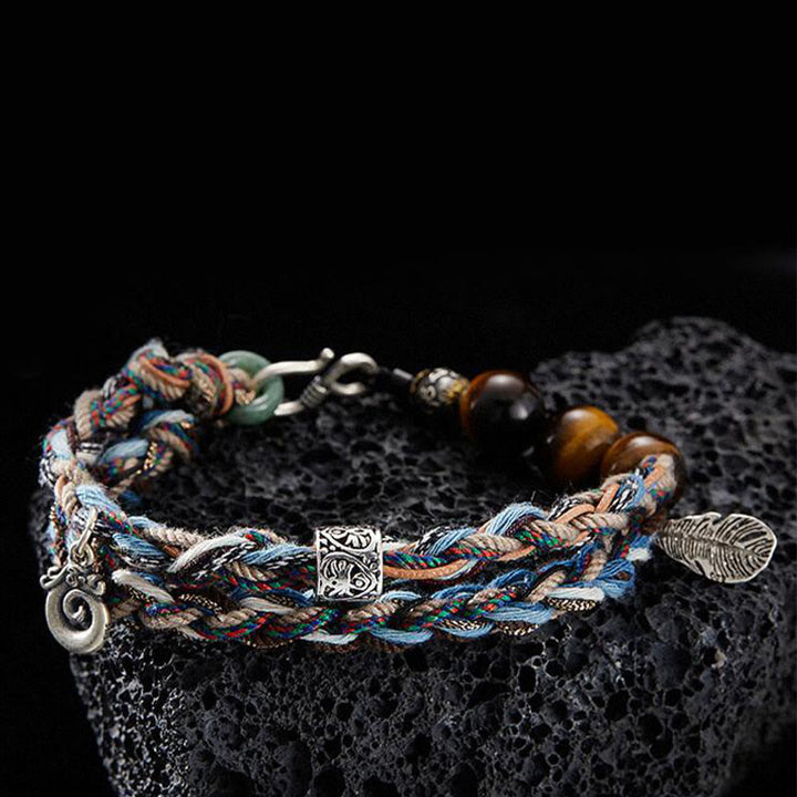Buddha Stones 925 Sterling Silver Tiger's Eye Colorful Cotton Rope Handmade Willpower Bracelet - 19cm fit for Wrist Circumference 17cm - image 0